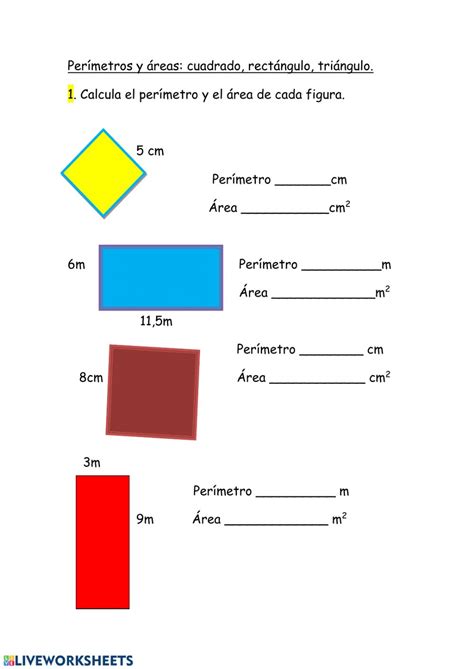 Ejercicio De Perímetros Y Áreas Cuadrado Rectángulo Triángulo