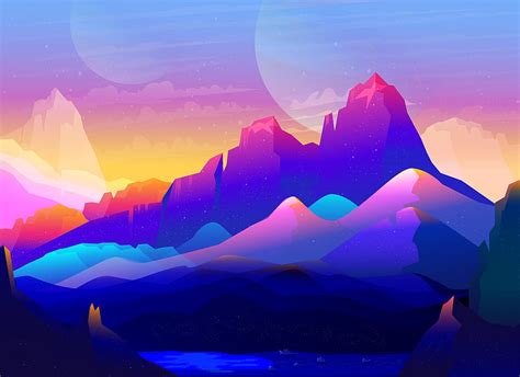 Minimalistic Mountains Colors Neon Purple Mountain Hd Wallpaper
