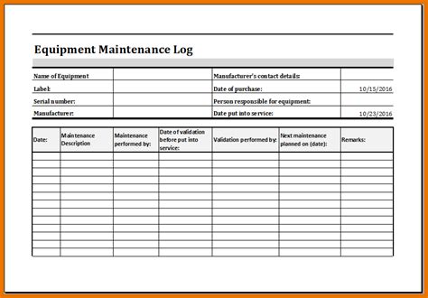 It is useful tool of confirmation about all parts are properly working of any complicated machinery. Equipment Maintenance Log Template Excel | charlotte ...