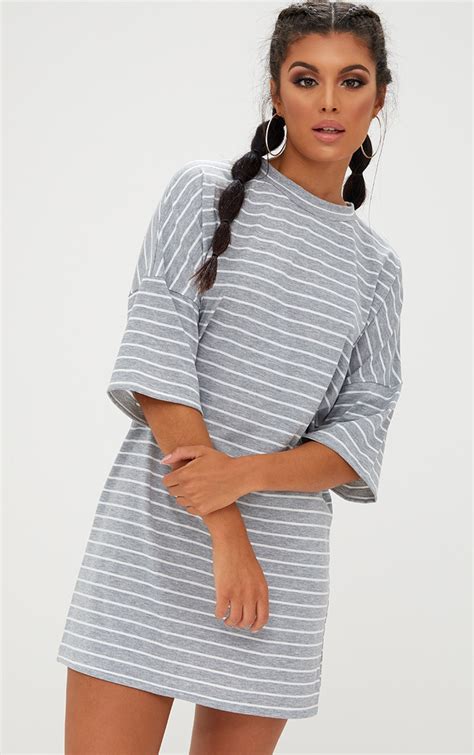 Grey Striped Oversized T Shirt Dress Prettylittlething Ca