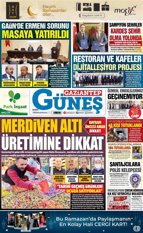 26 Nisan 2022 tarihli Gaziantep Güneş Gazete Manşetleri