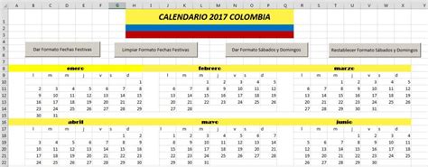 Calendario 2017 Colombia Excel Avanzado