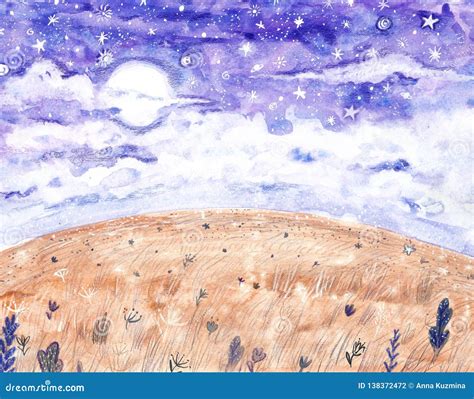 Watercolor Night Sky Background With Full Moon And Stars Hand Drawn