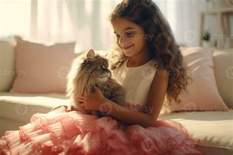 Heartwarming relationship between girl and her beloved pet cat at home