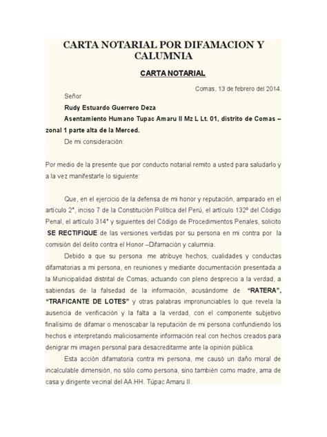 Carta Notarial Por Difamacion Y Calumnia Difamación Derecho Penal