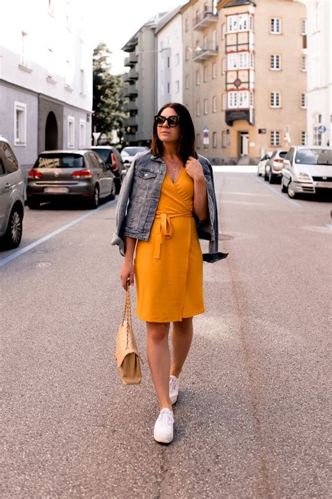 Combine A Yellow Dress Everyday Outfit With Denim Jacket And Sneakers