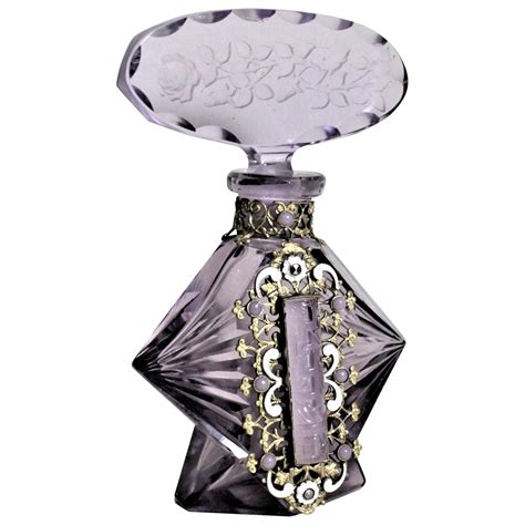 Art Deco Czech Cut Crystal Perfume Bottle With Applied Filigree And
