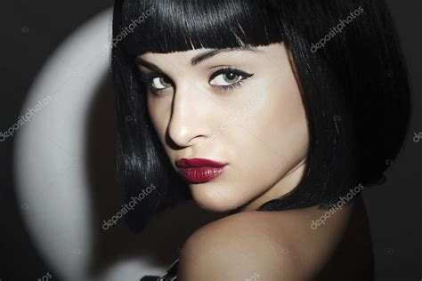 Beautiful Brunette Woman Retro Style Healthy Black Hair Bob Haircut