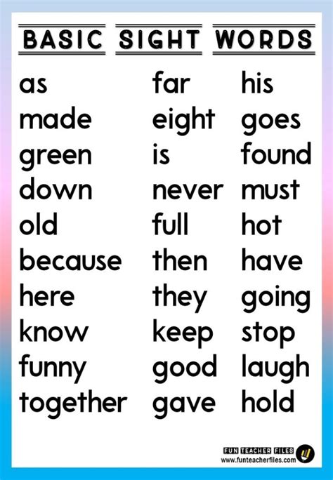 Basic Sight Words Chart Fun Teacher Files