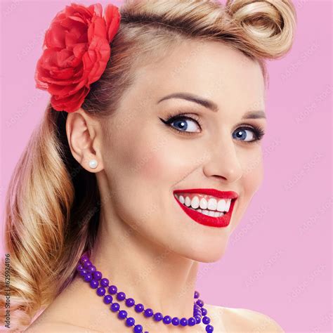 Face Portrait Image Of Beautiful Happy Smiling Woman In Pin Up Style
