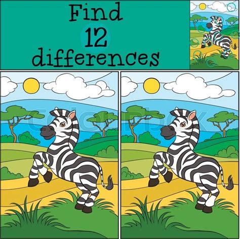 Children Games Find Differences Cute Little Zebra Stands