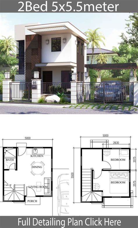 Two Story House Plan With 2 Beds And 5 Meters In The Front Three