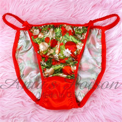 christmas lace duchess sissy panties red green satin gusset ornaments classic 80 s cut satin wet