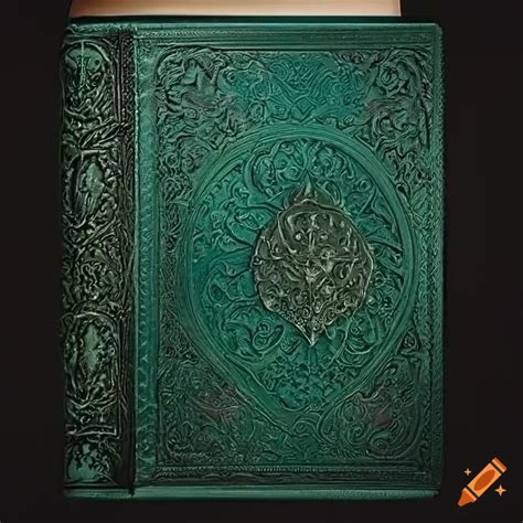 Intricately Embossed Deep Green And Black Leather Bound Book On Craiyon