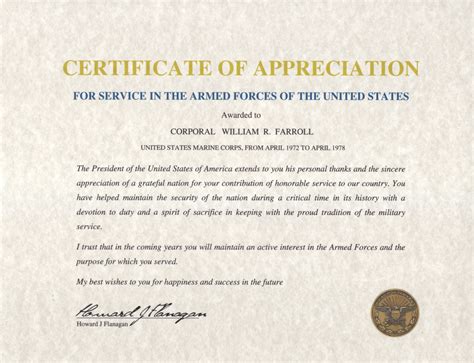 Certificate Of Appreciation For Service In The Armed Forces Of The