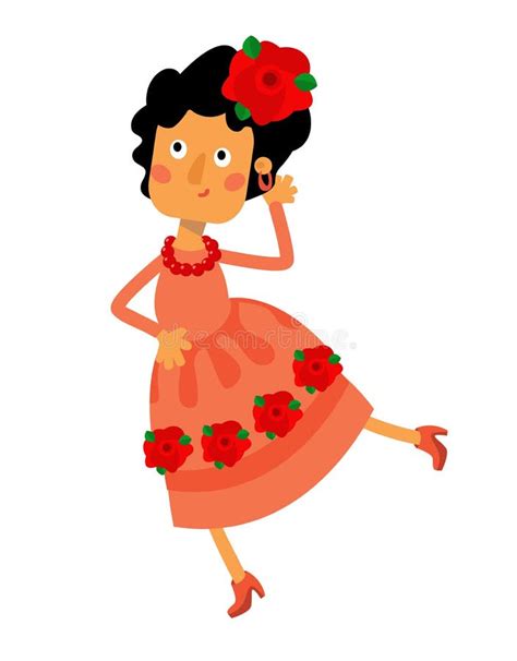 Cute Flamenco Dancer In Cartoon Style Spanish Girl In Dress Character
