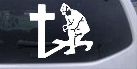 Military Man Kneeling At Cross Car Or Truck Window Laptop Decal Sticker