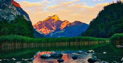 Desktop Wallpaper Sunset Alpine Nature Forest Glowing Peak Lake
