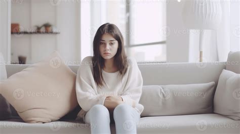 Ai Generative Ill Upset Young Woman Sitting On Sofa Covered With