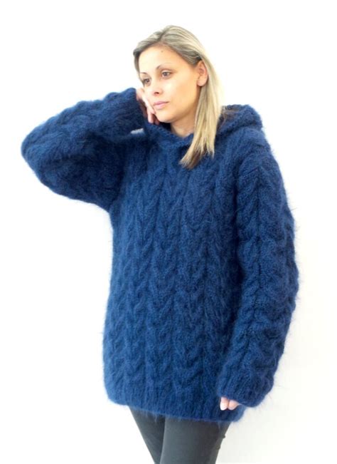 Extra Thick Hand Knit Sweater Mohair Navy Blue By Extravagantza
