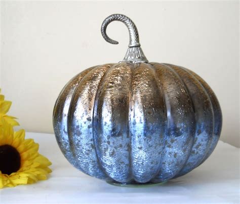 Handblown Golden Blue Mercury Art Glass Pumpkin Metal Stem Thanksgiving