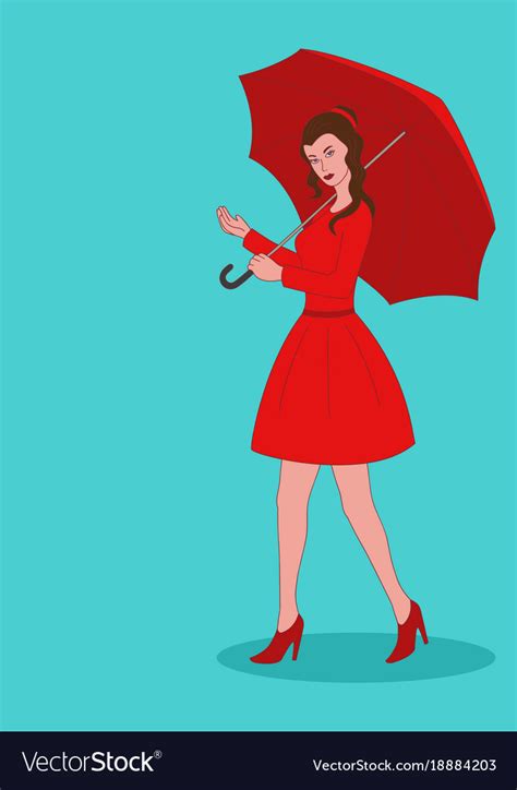 Pretty Girl In Red Dress With Umbrella Royalty Free Vector