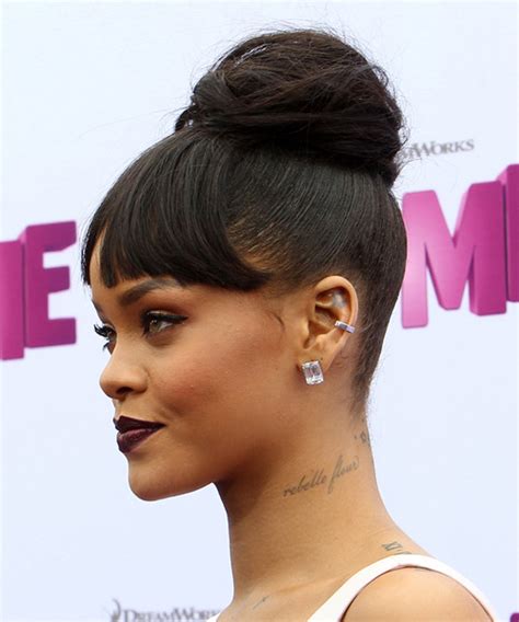 Rihanna Long Straight Casual Updo Hairstyle With Blunt Cut Bangs Dark