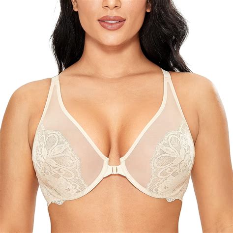 Dobreva Womens Lace See Through Bra Front Closure Unlined Underwire