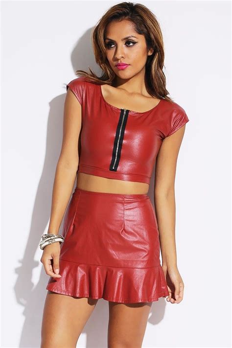 Rust Red Faux Leather Zip Front Clubbing Crop Top 83619 Cheap Leather