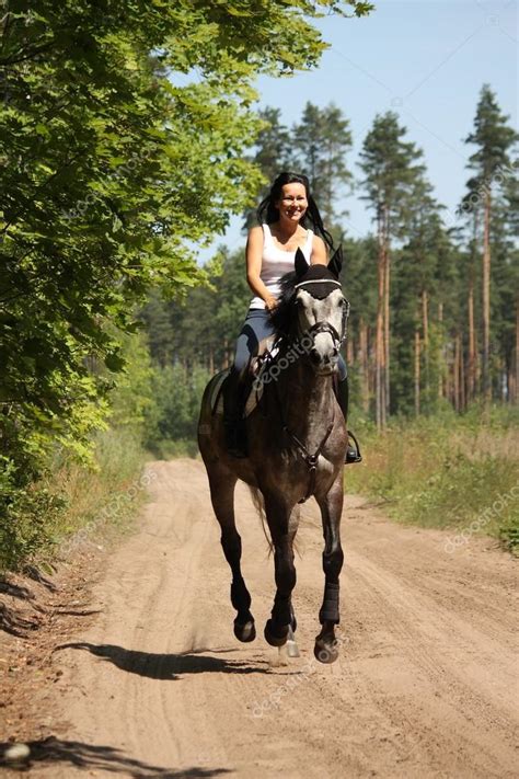 Beautiful Woman Riding Gray Horse In The Forest — Stock Photo