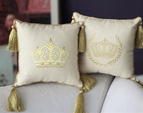 Burlap Pillow With Golden Tassel Crown Embroideredstand Etsy