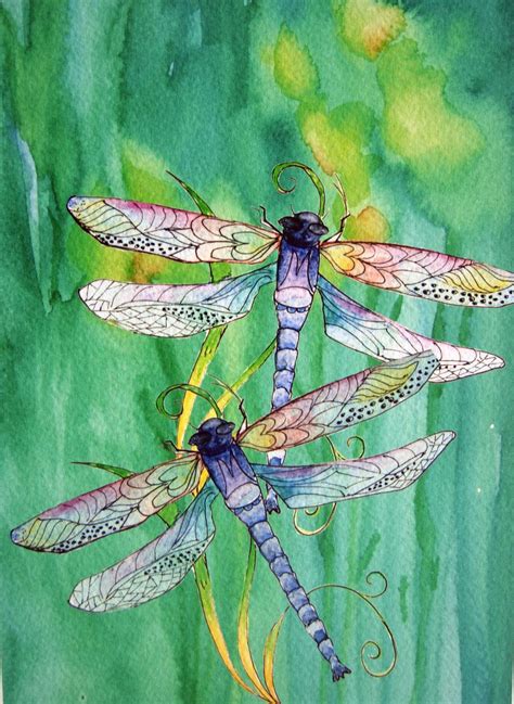 Three Dragonflies Sitting On Top Of Each Other In Green Watercolors