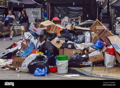 London, UK. 27th September 2023. Huge piles of garbage line the streets