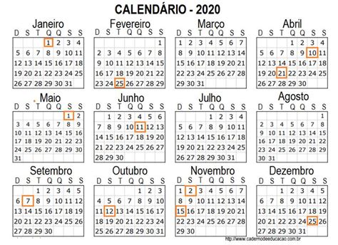 Calendario 2020 Com Feriados Brasil