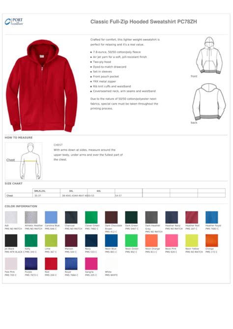 Port Authority Classic Full Zip Hooded Sweatshirt Size Chart Printable