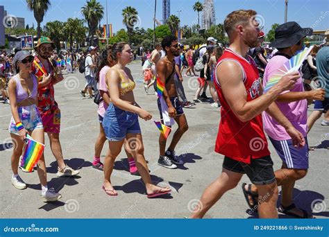 Parade Of Lesbians And Gays Rainbow Flags At Gay Pride Parade Editorial Photo Image Of