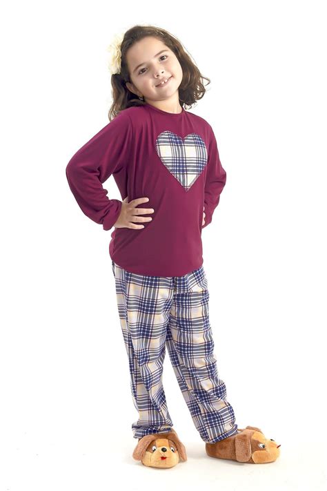 Pijama De Inverno Infantil Feminino Longo Com Calça Xadrez
