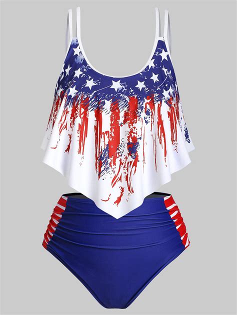 Overlay Flounces Ruched Heart American Flag Plus Size Tankini Swimwear