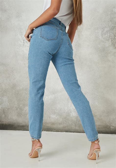 Blue Ripped Comfort Stretch Mom Jeans | Missguided