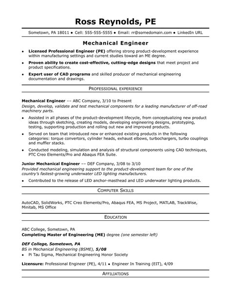 Sample Resume For A Midlevel Mechanical Engineer Engineering Resume