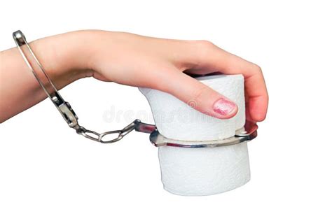 Female Hand Handcuffed To Toilet Paper Close Up Isolated On A White B Stock Photo Image Of