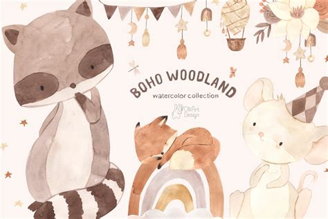 Boho Woodland Animals Watercolor Clipart Design Cuts