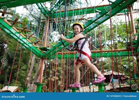 Child In Adventure Park Kids Climbing Rope Trail Stock Image Image