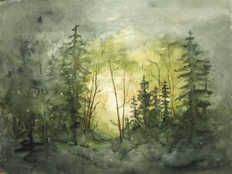 Watercolor Landscape Painting Archival Print Forest Painting Etsy Waldmalerei Aquarell