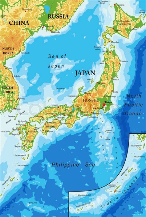 Physical map of japan showing major cities, terrain, national parks, rivers, and surrounding countries with international borders and outline maps. Highly detailed physical map of Japan,in vector format,with all the relief forms,regions and big ...