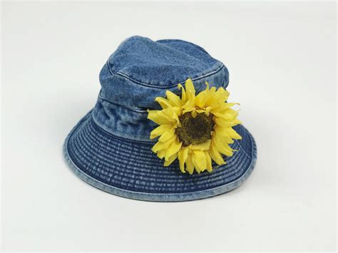 90s Sunflower Denim Bucket Hat Large Slouchy Sun Flower Hat Floral