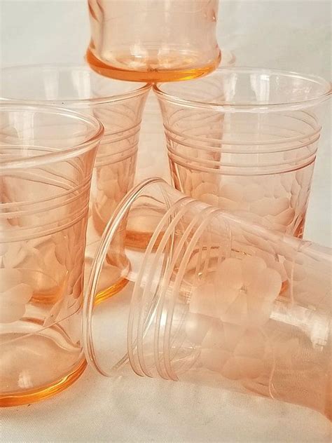a set of 6 vintage pink glass flower corials etched shot glasses pink glass vintage pink