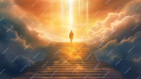 Premium Ai Image A Man Walking Into Stairway Of Heaven With Shining