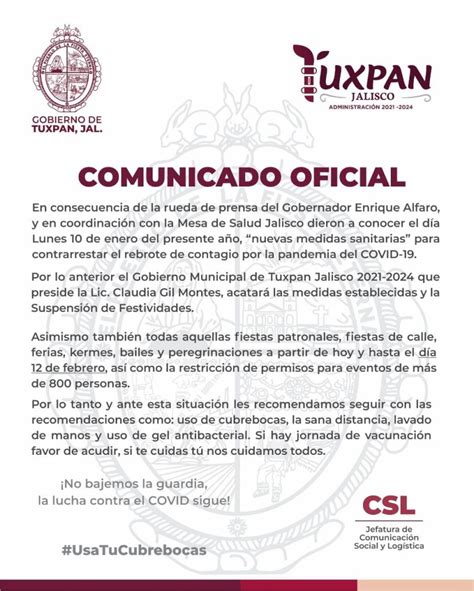 COMUNICADO OFICIAL DEL GOBIERNO DE TUXPAN JALISCO HONORABLE