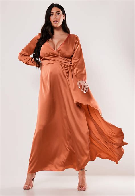 Missguided Plus Size Rust Satin Wrap Maxi Dress In Orange Lyst